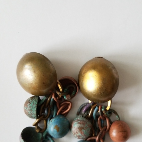 Dannah Designer Dangling Clip On Copper Brass Patina Link Handmade Earrings - Picture 7 of 16
